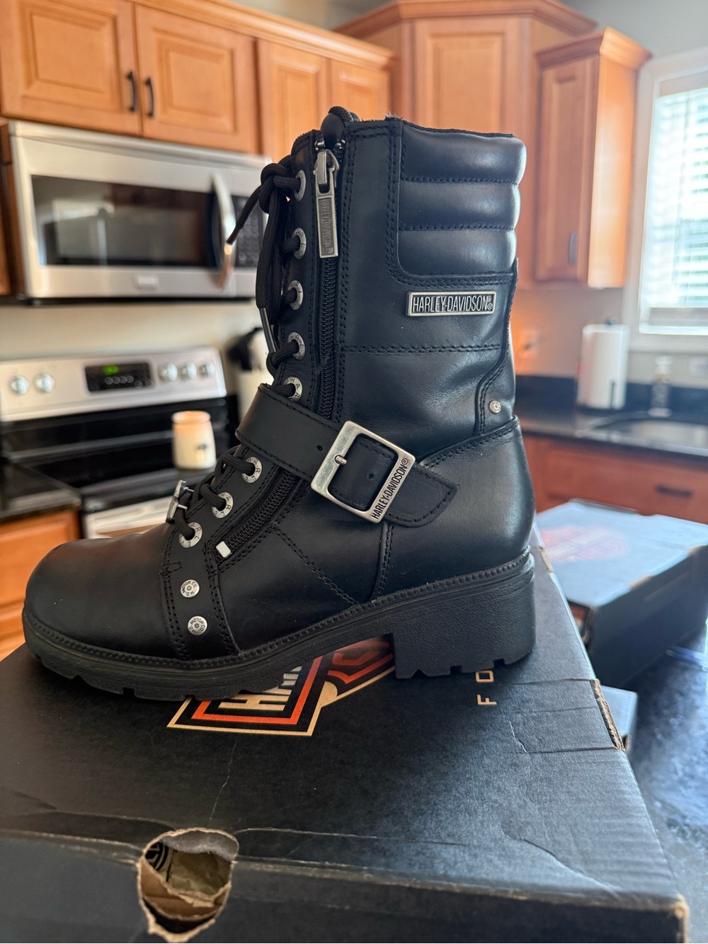 Harley-Davidson Women's Black Leather Lace-Up Moto Boot with Buckle